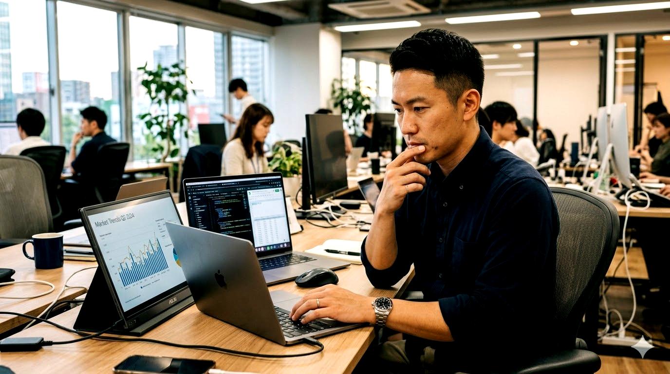 縦置きモニター使用時の不便さを示すデスク環境