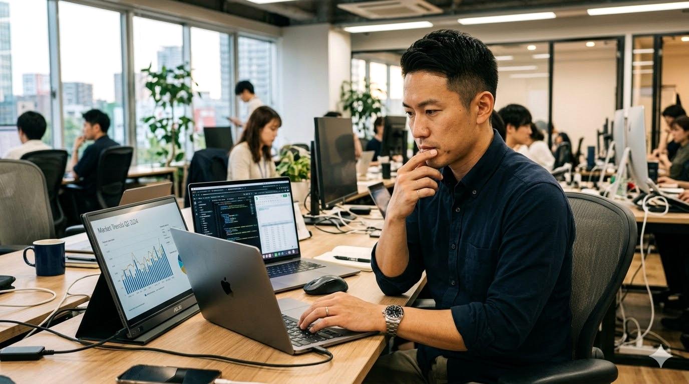 ノートPCとモバイルモニターを接続した作業環境