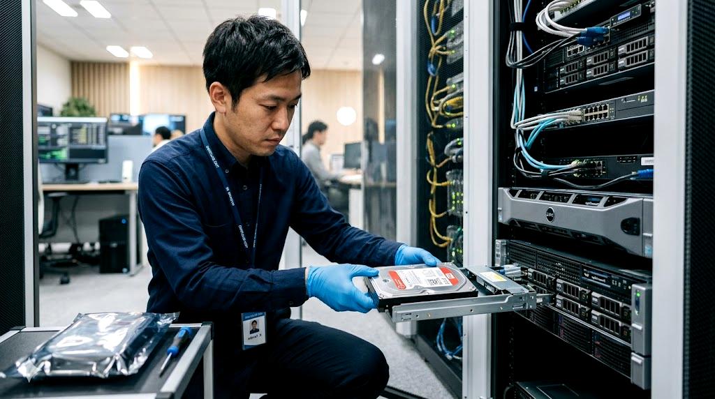 バックアップ矢印と警告マークで安全性を比較するストレージ図