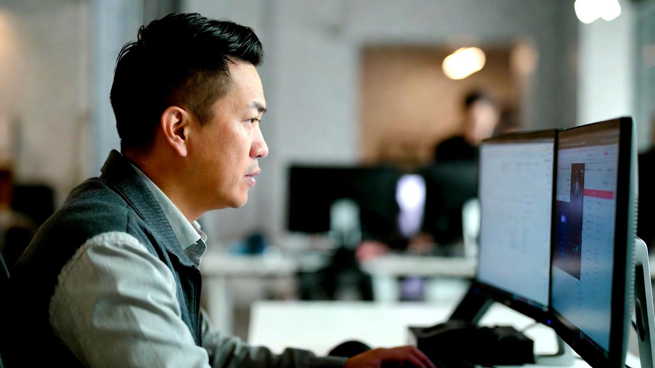 デュアルモニター環境で作業する人と疲労の対比を表現したイメージ