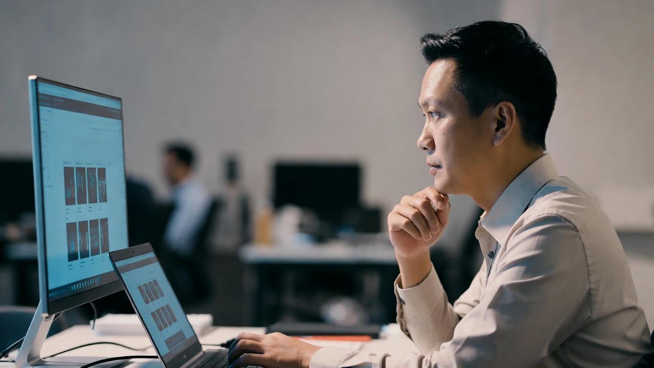デスク上でモニターとの距離を調整している作業環境