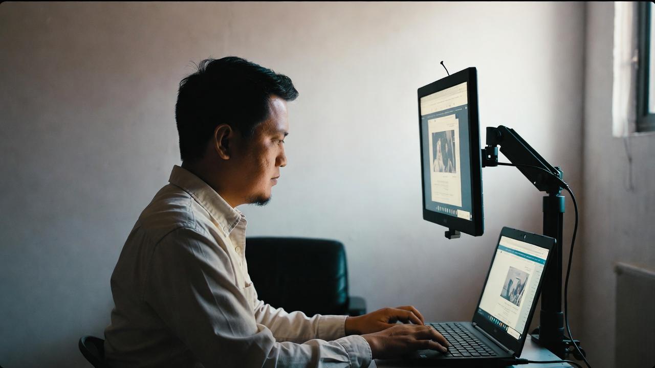 晴天の屋外でノートPC画面を確認している作業シーン