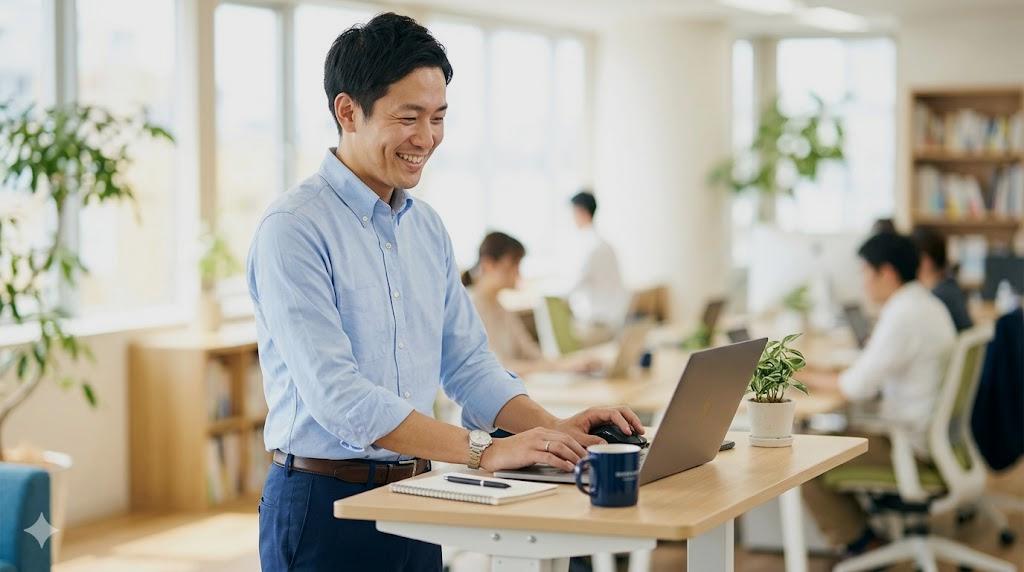 スタンディングデスクで立ち作業と座り作業を切り替えながら働く現代的なデスク環境