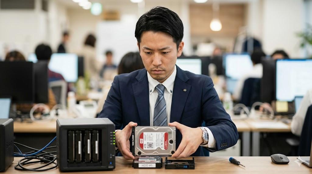 RAID 1で片方のドライブを安全にリビルドするステップを図解したイメージ