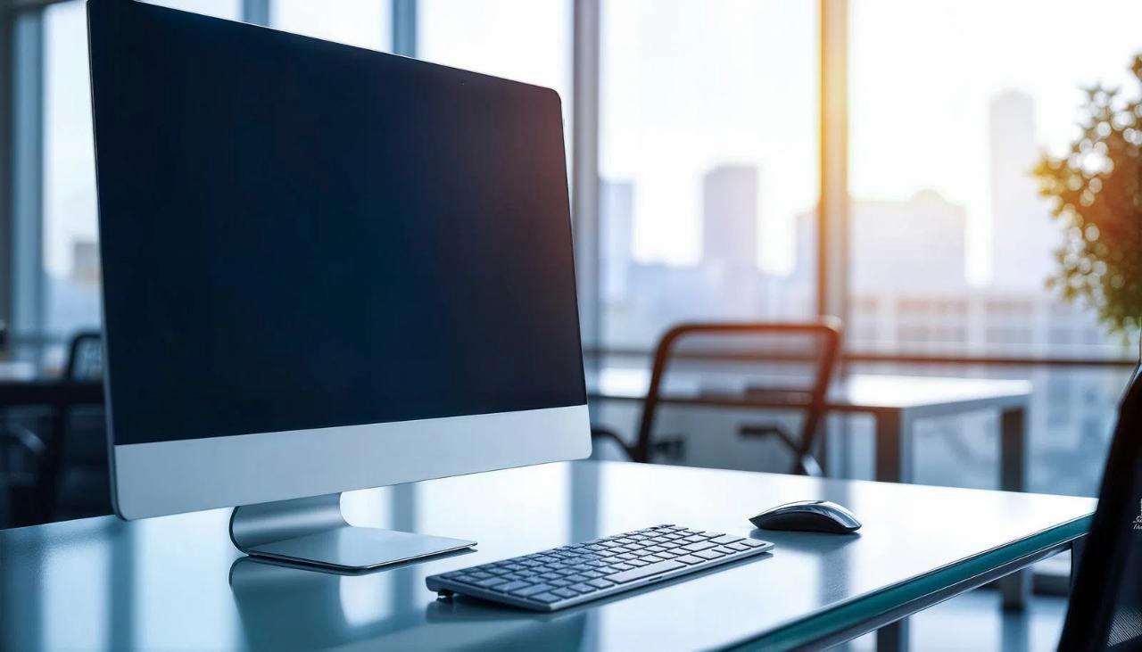 適切に調整されたグレアモニターと整ったデスク環境を前に穏やかに作業するユーザーのイメージ