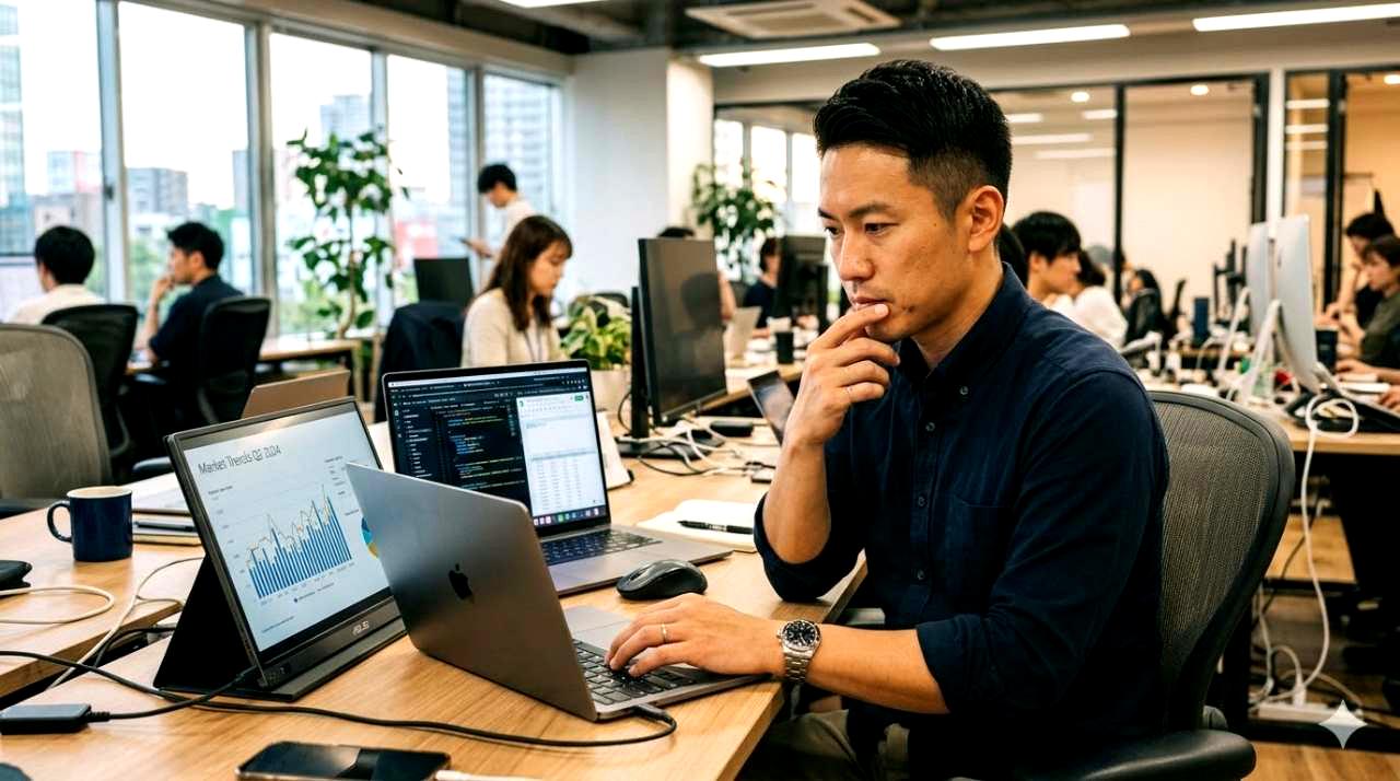 IPSモニターに買い替えて快適にPC作業を続ける老眼の人の満足そうなイメージ