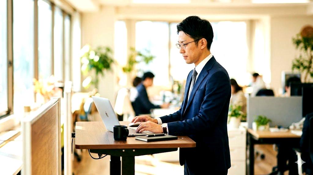 スタンディングデスクで作業する人物の横顔と、背骨のラインを示す模式図