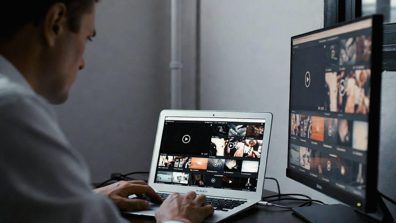 カフェのテーブルでノートPCを開き、作業しやすい画面サイズを比較検討するイメージ
