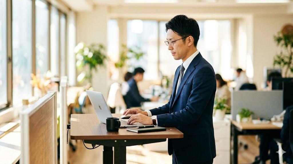 電動昇降機能付きスタンディングデスクの操作イメージ