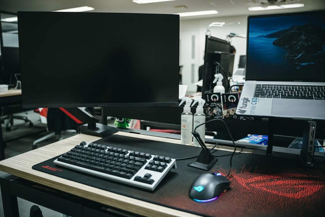 目のイラストと、輝度むらを可視化したモニターのテストパターン