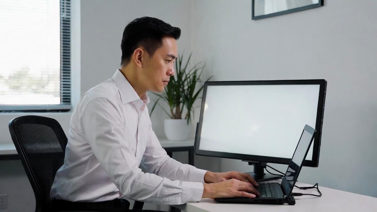 折りたたみスタンドに立てたモバイルモニターとノートパソコンを並べて屋外で作業するノマドワーカーの俯瞰写真