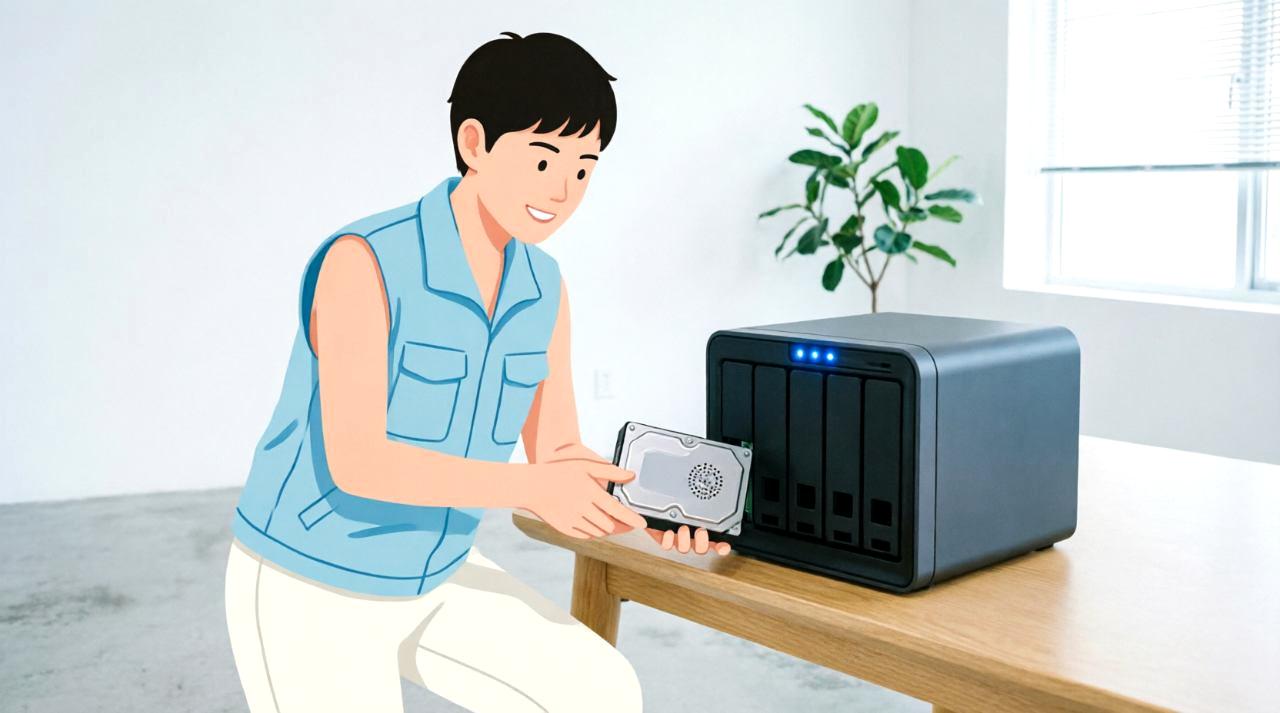 自作NASサーバーの内部に複数のハードディスクが搭載され、BtrfsとXFSのファイルシステムを比較検証するストレージ構成のイメージ