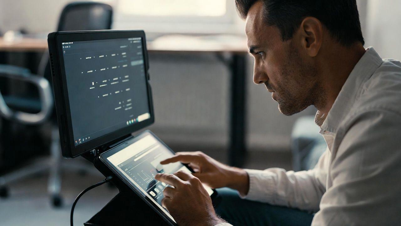 タブレットの画面設定メニューで輝度スライダーとリフレッシュレートオプションを開いている画面