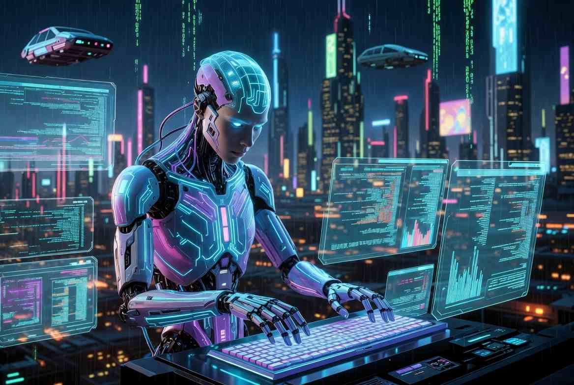 AIとパソコンが融合した未来のデジタル環境を表現したイメージ