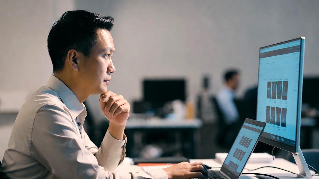 老眼の男性がモニター画面を手でかざして見ている様子