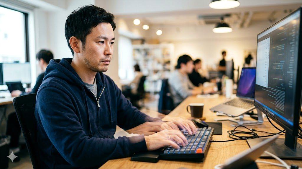 快適そうにタイピングする手元と、周囲に並んだ各種交換パーツの全体構成