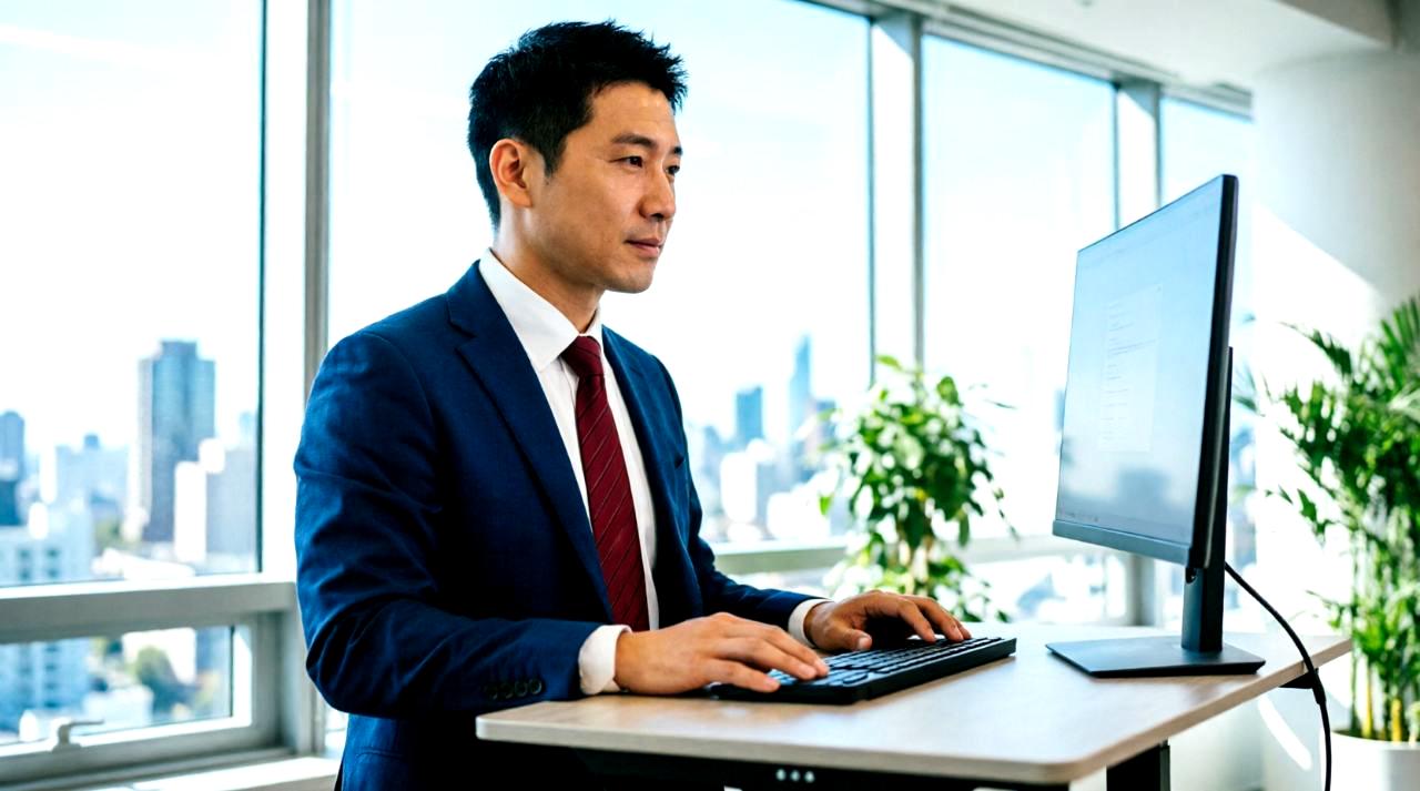 デスク上に設置されたミニPCとモニターで文書作成を行う作業環境