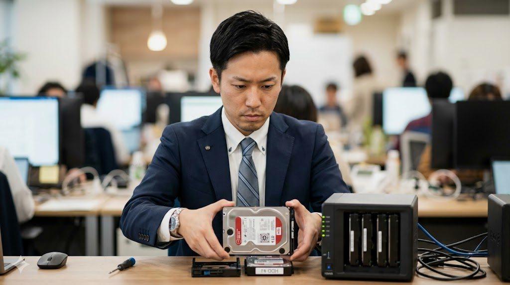大規模データセンターとシンプルなバックアップ運用の対比イラスト