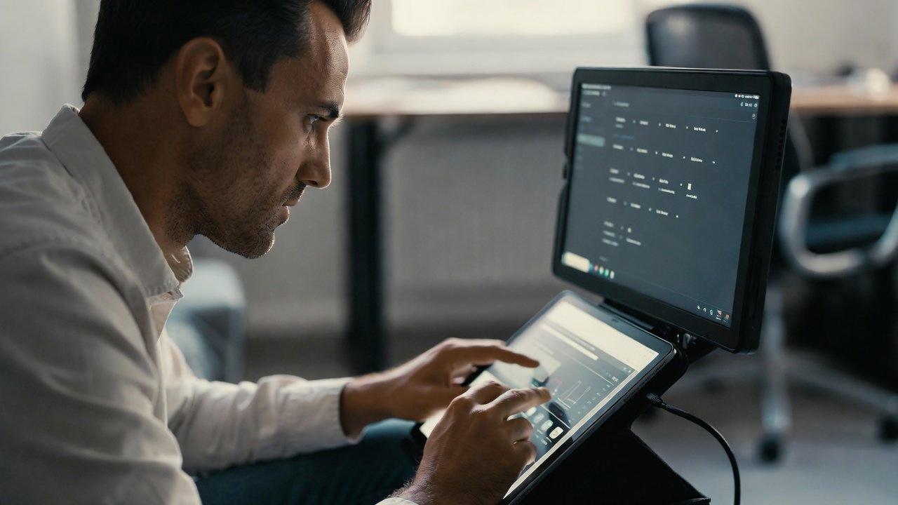 カフェのテーブルで軽量なiPadを使って作業している人
