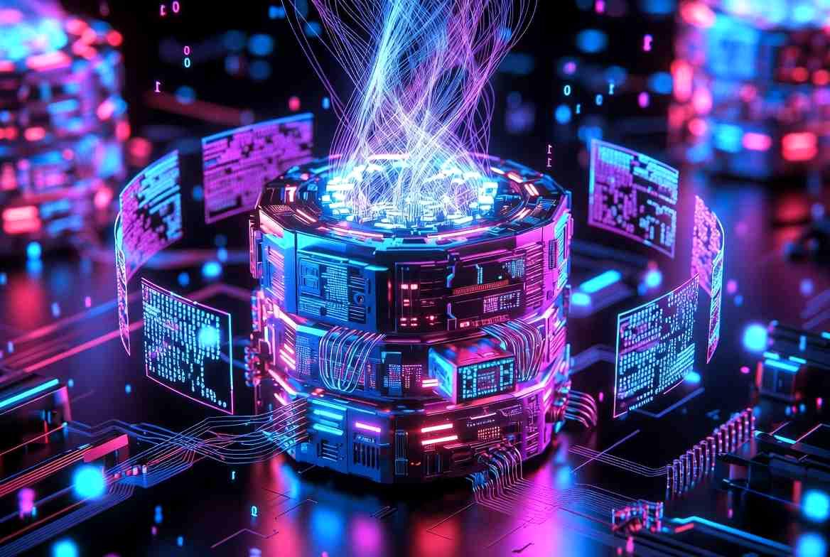 時計とともに進化するファイルシステムの概念図で、NTFSとBtrfsのロードマップを重ねたイメージ