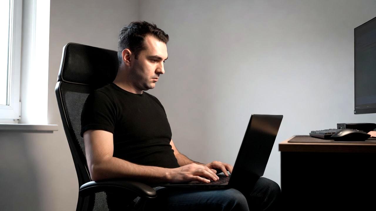 ゲーミングチェアに座って肩を押さえながら困っている男性の後ろ姿
