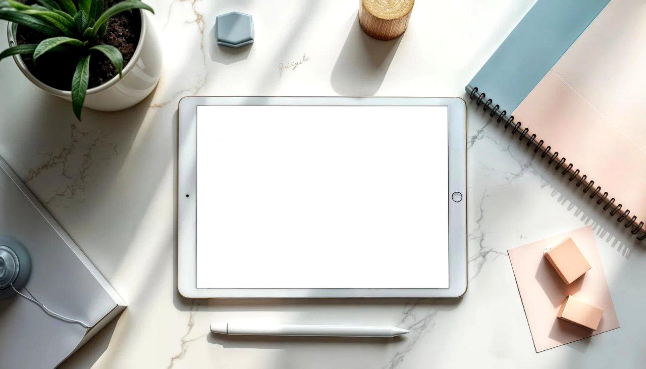 デスク上で輝くiPadと、周囲に散らばった紙の書類が消えていくビフォーアフター