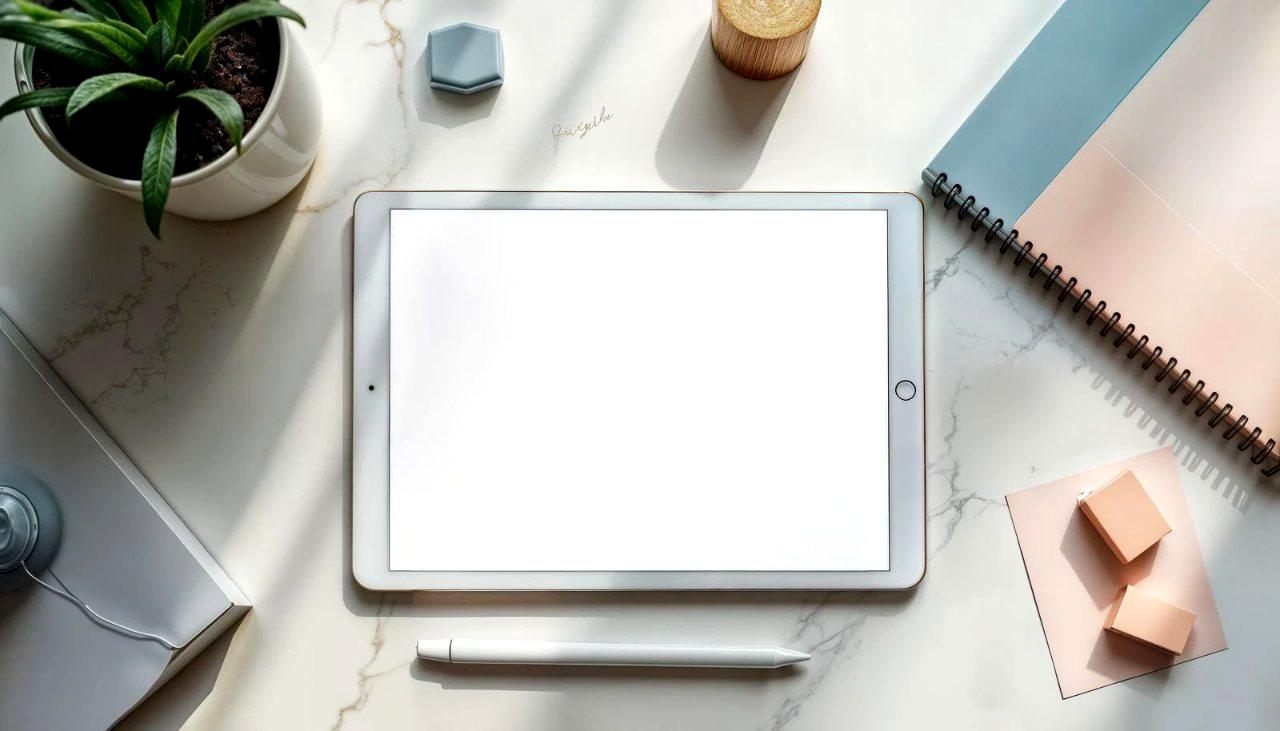カフェでタブレットを使って動画編集をしている様子