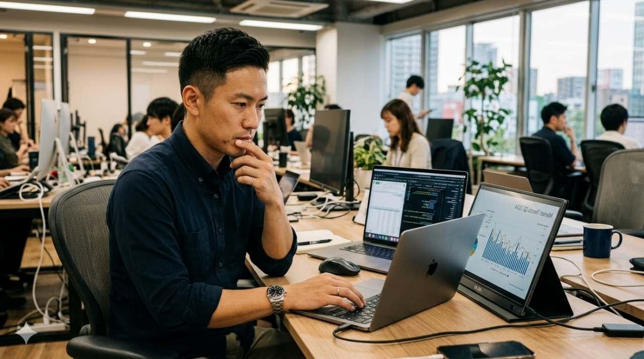 Grok、Kimi、そしてOpenAIやGoogleのロゴを三角形に配置した競合マトリックス図