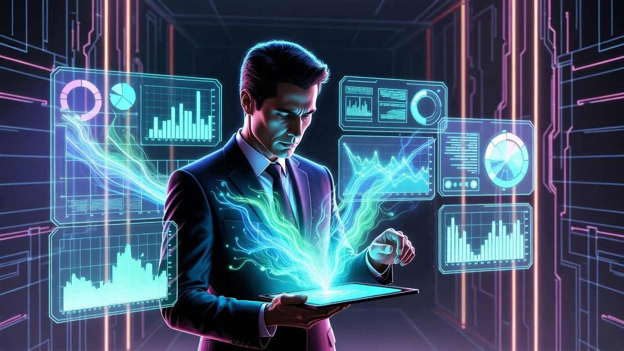 AIの光の中で前を向く人物のシルエット