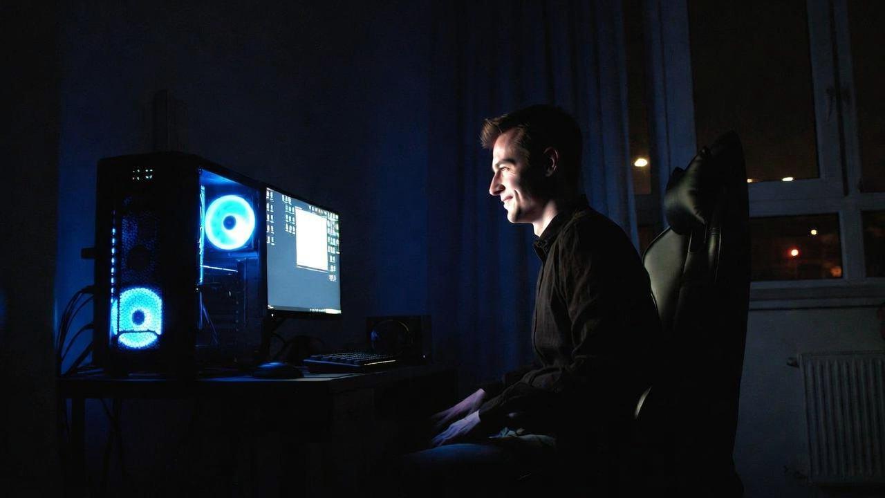 午前中の集中作業時にバランスボール、午後の休憩時にゲーミングチェアを使う人の背面姿