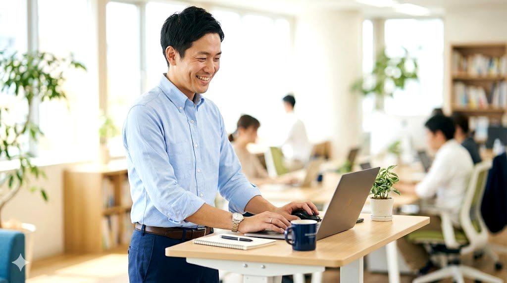 安心して中古MacBook Airを手にする購入者の満足のイメージ、安全な取引の象徴