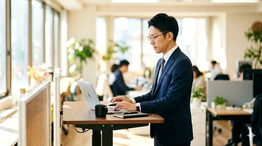 オフィスと自宅の異なる環境でメカニカルキーボードを使用する男性の比較イラスト