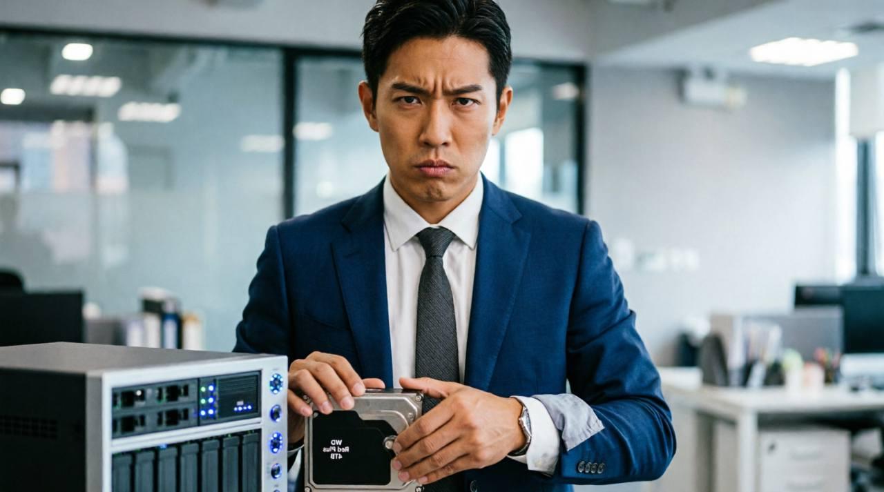 CrystalDiskMarkとfioのベンチマーク結果を表示したモニターとSSDのクローズアップ