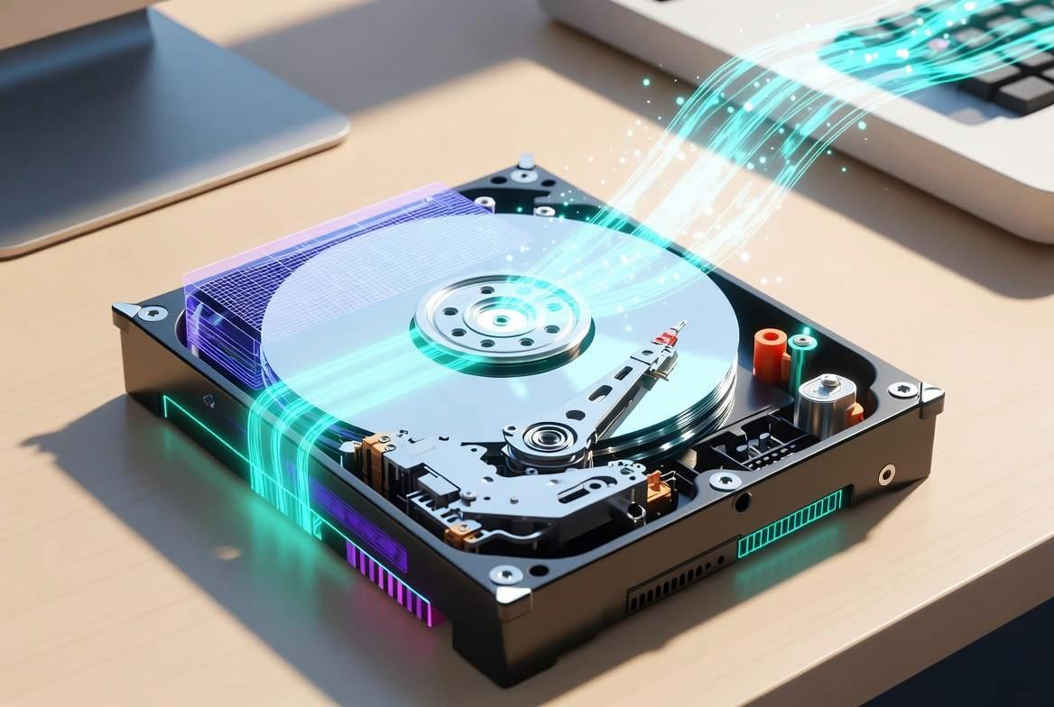 SSDとHDDの価格推移を比較した折れ線グラフと、両製品の内部構造の拡大写真