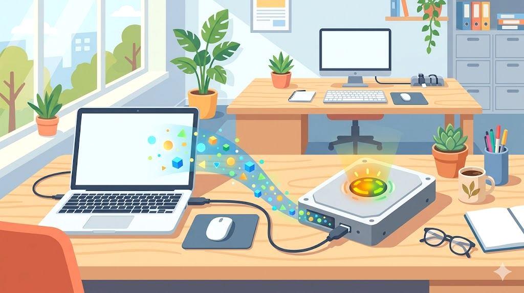 外付けストレージやバックアップ環境を整えたPCデスク