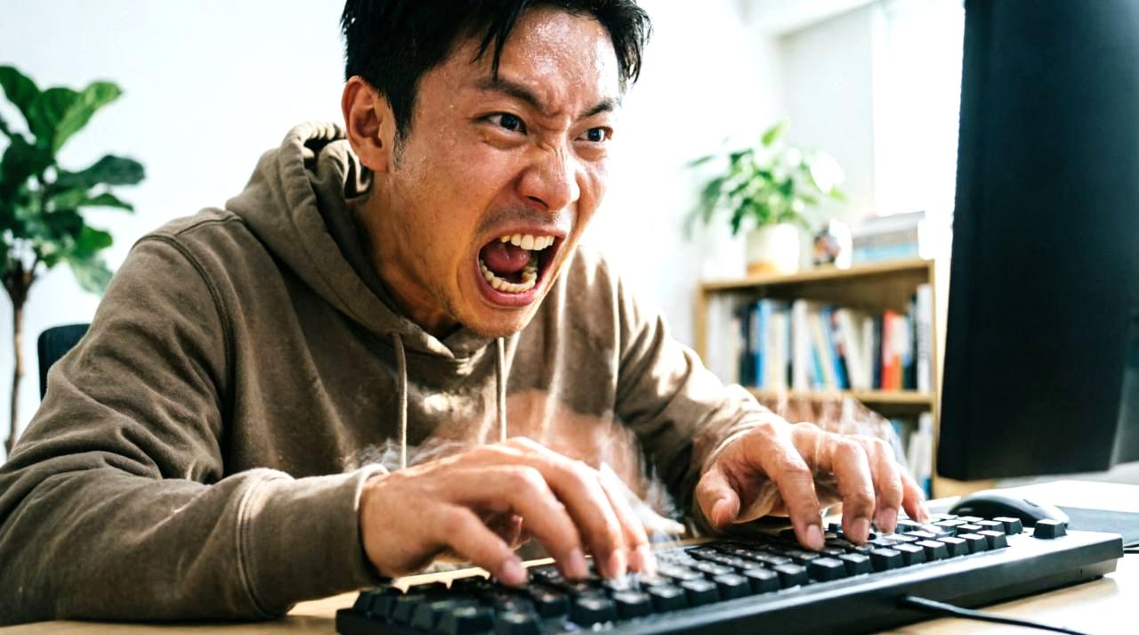 パソコンにUSBケーブルで接続された有線キーボードが認識されず、エラー表示が出ているPC画面
