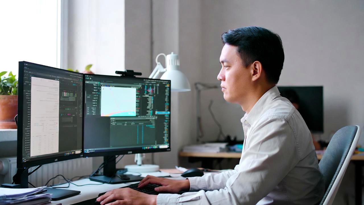 KubuntuとZorin OSのデスクトップ画面が並んで表示されたモニターの前で、長期利用を検討する様子