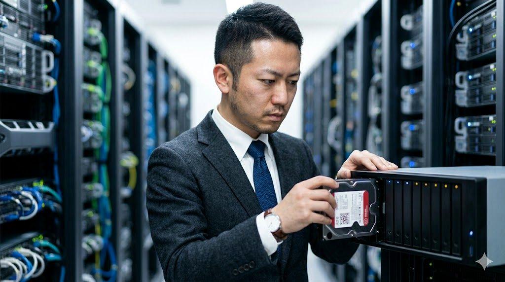 Backblazeのロゴと堅牢な鍵マークが強調されたバックアップサーバーの外観