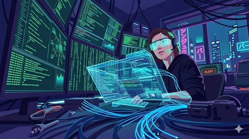 先進的なネットワークとコードが交差する技術的実験場のイメージ