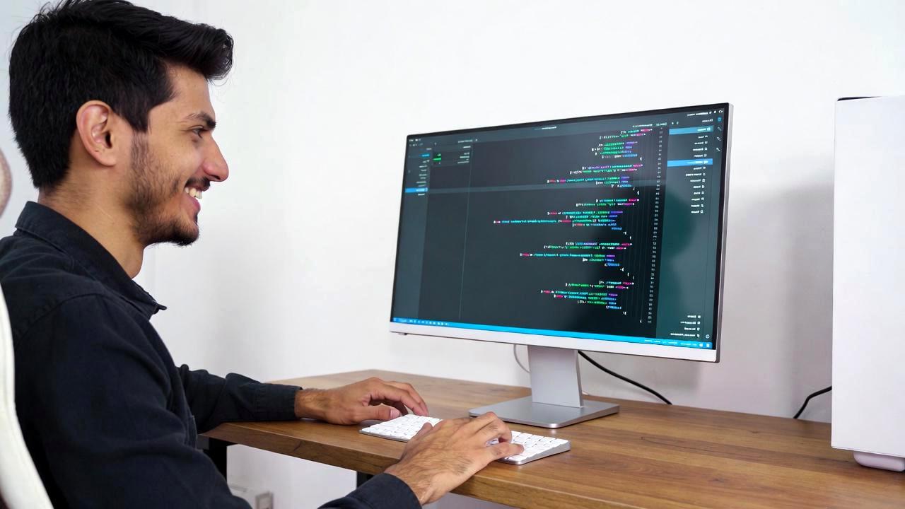長時間のパソコン作業で目をこする人物のクローズアップと、ぼやけた画面表示