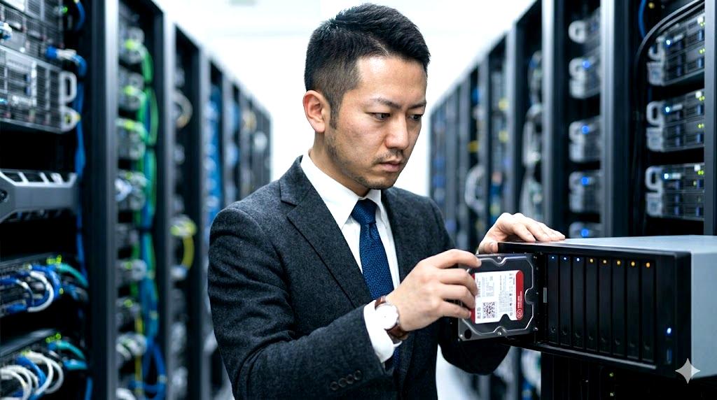 外付けHDD、クラウドサービスのアイコン、自宅NAS機器が並べて置かれた比較イメージ