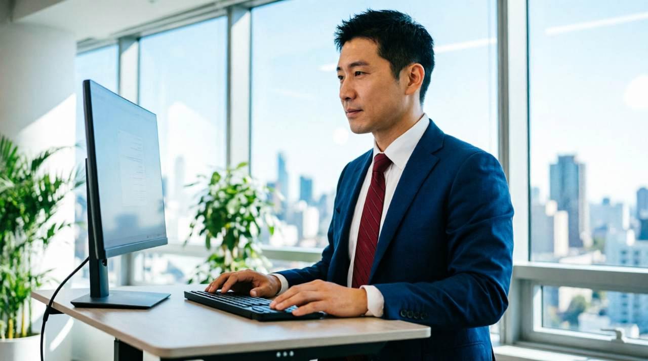 ゲーミングチェアに座って自信満々にPC作業する人のイメージ
