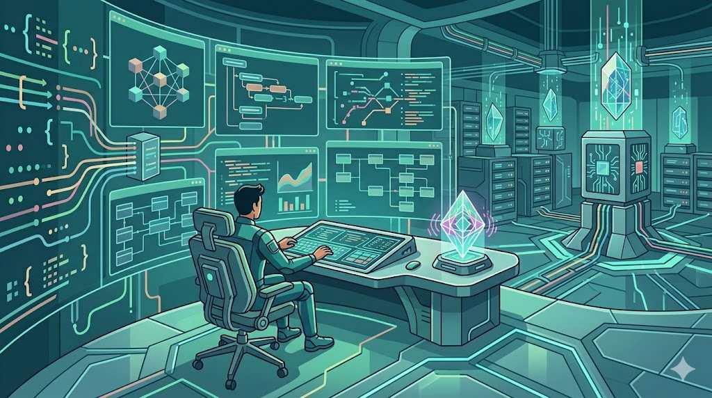 再生されたノートパソコンがLinuxデスクトップを表示し、周囲に循環型の矢印マーク